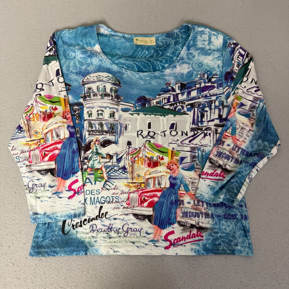 Impulse California Womens Blue Paris Scenic Graphic 3/4 Sleeve Top Sparkle